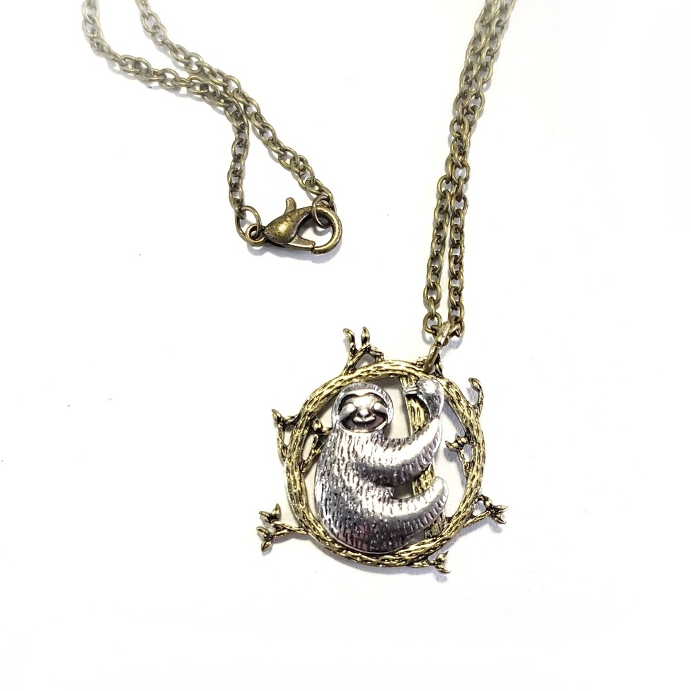 Custom Sloth Necklace Bronze Silver Swinging Tree - Picture 8 of 8